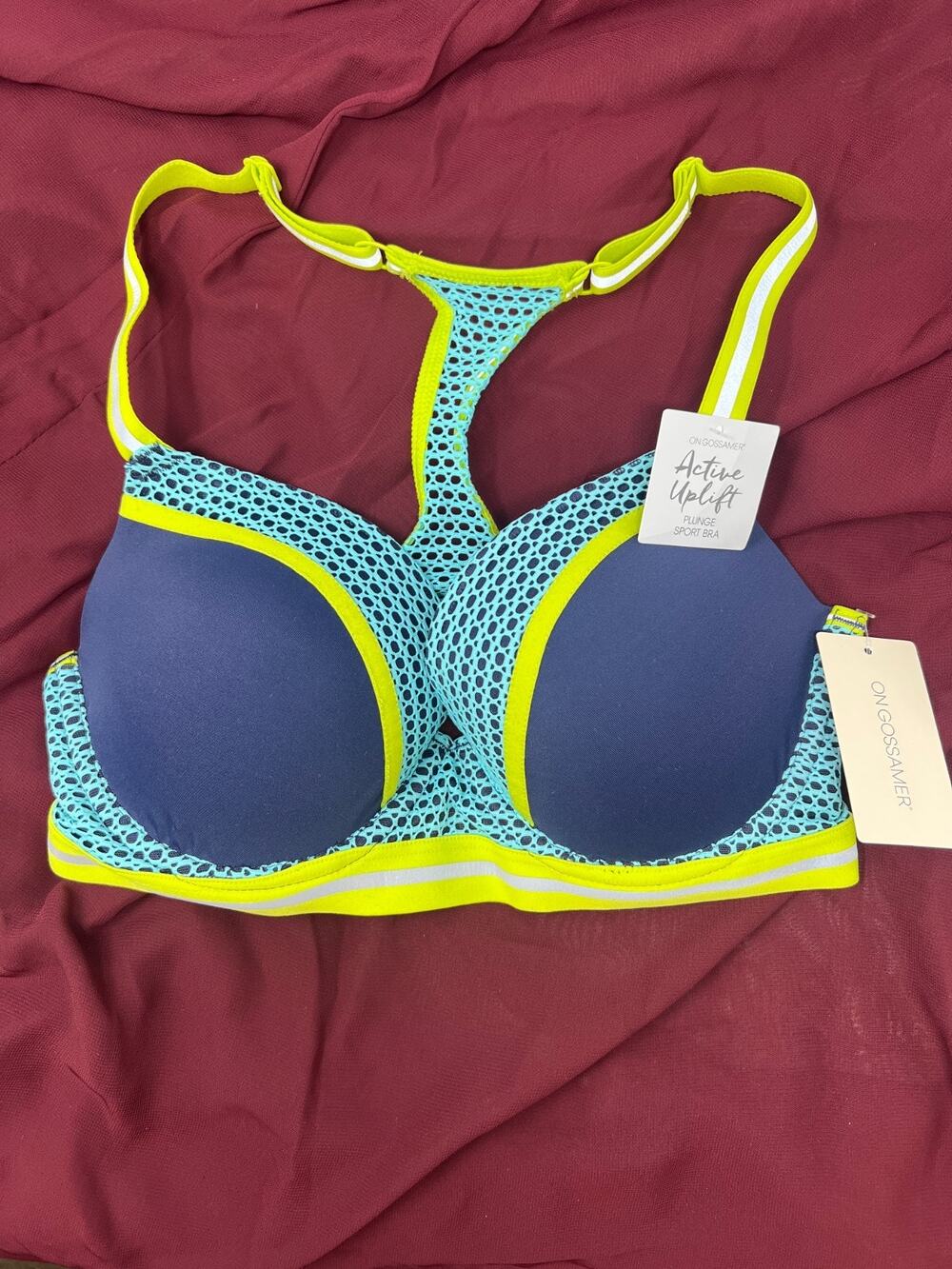 NWT On Gossamer 32C Blue Push Up Plunge Sports Bra Active Uplift G9122